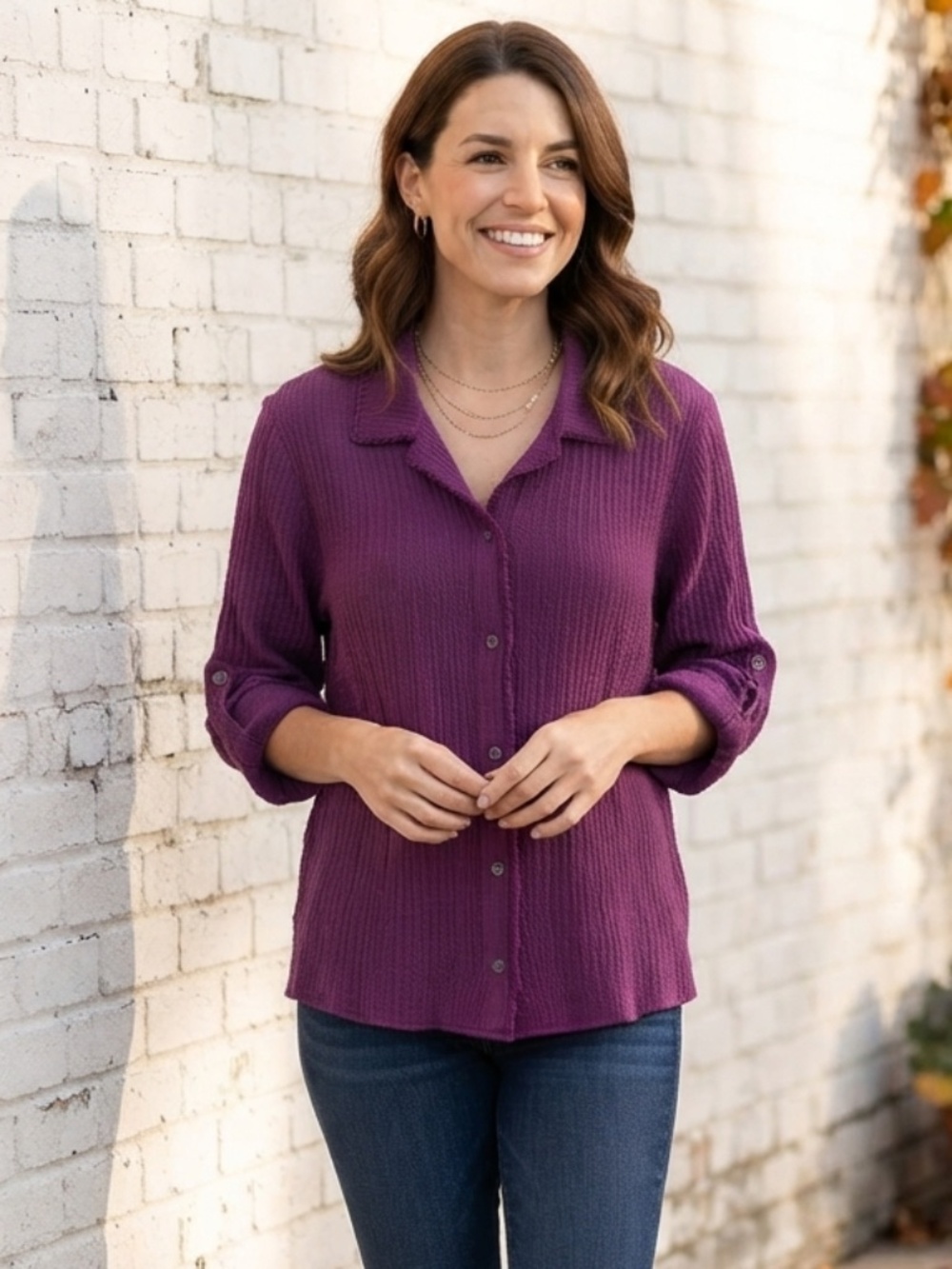 Habitat Plum Crinkled Gauze Raw Edge Button Down Shirt Small